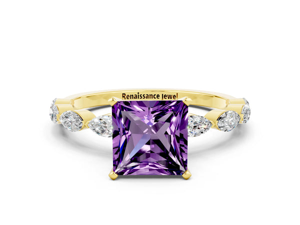 Yellow gold Princess Cut Amethyst Ring with Marquise Side Stones and Prong Setting