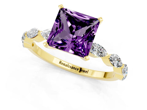 Yellow gold Princess Cut Amethyst Ring with Marquise Side Stones and Prong Setting_1