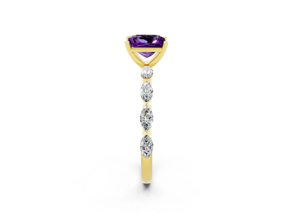 Yellow gold Princess Cut Amethyst Ring with Marquise Side Stones and Prong Setting