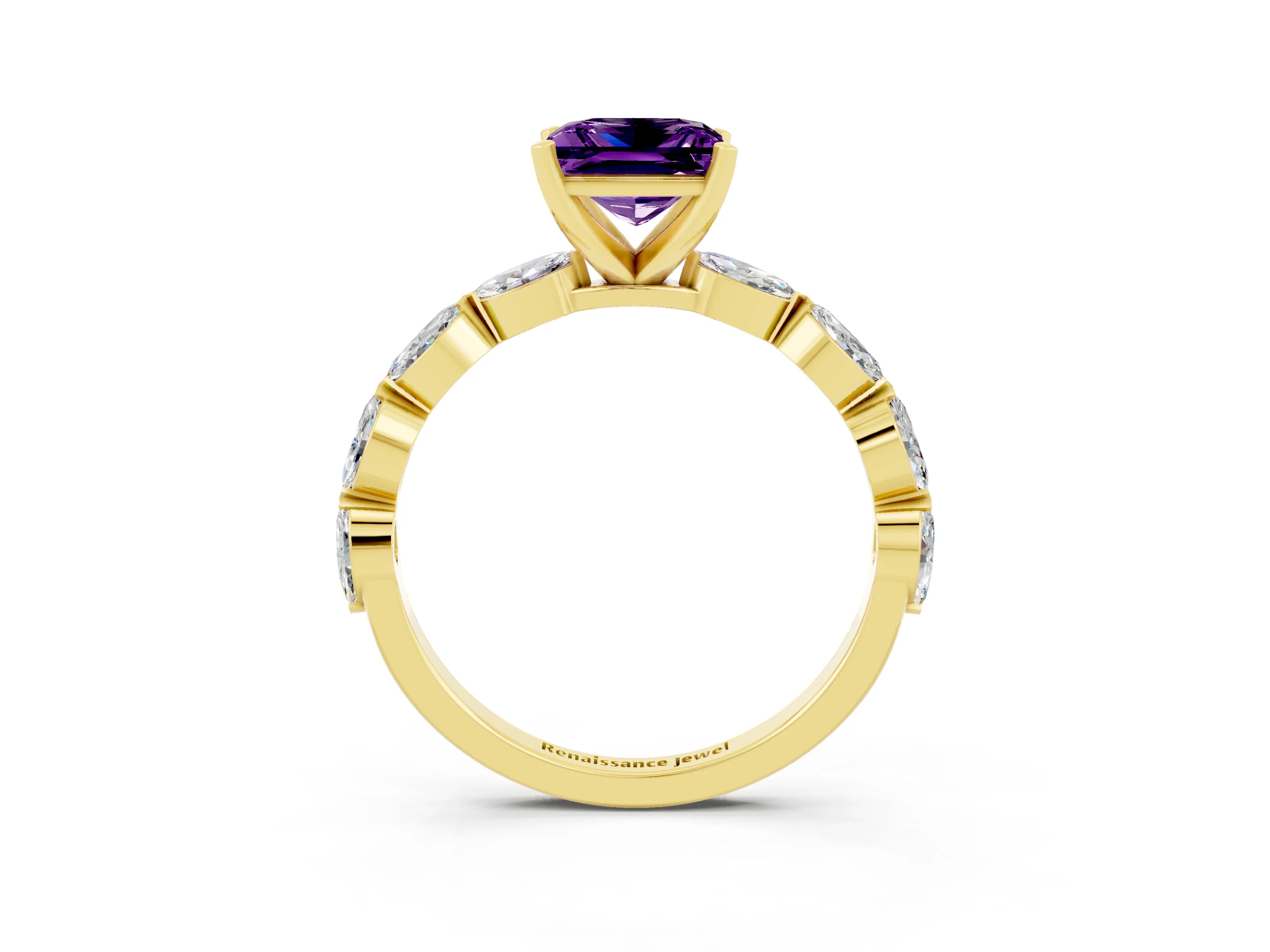 Yellow gold Princess Cut Amethyst Ring with Marquise Side Stones and Prong Setting_3