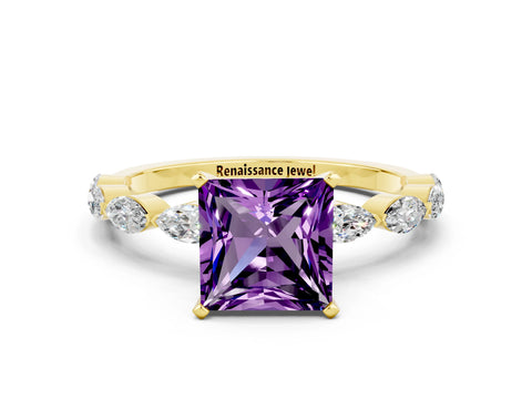 Yellow gold Princess Cut Amethyst Ring with Marquise Side Stones and Prong Setting