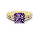 Yellow gold Princess Cut Amethyst Ring with Milgrain Pavé Band and Four-Prong Setting_12