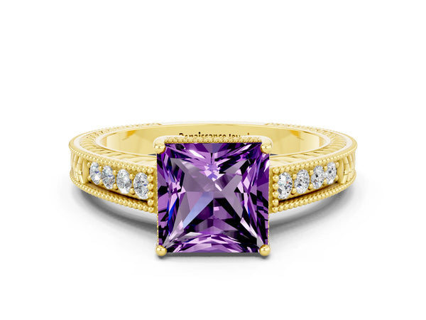 Yellow gold Princess Cut Amethyst Ring with Milgrain Pavé Band and Four-Prong Setting