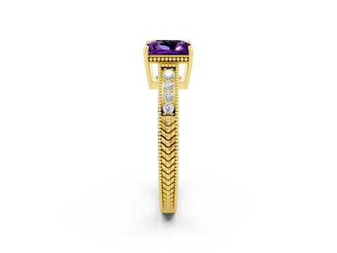 Yellow gold Princess Cut Amethyst Ring with Milgrain Pavé Band and Four-Prong Setting_14