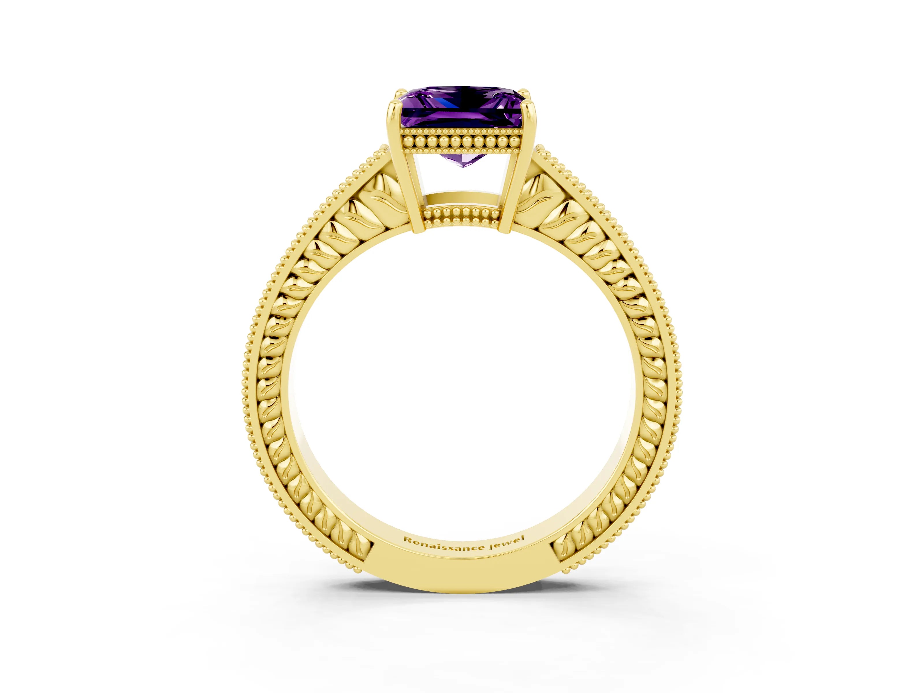 Yellow gold Princess Cut Amethyst Ring with Milgrain Pavé Band and Four-Prong Setting_15