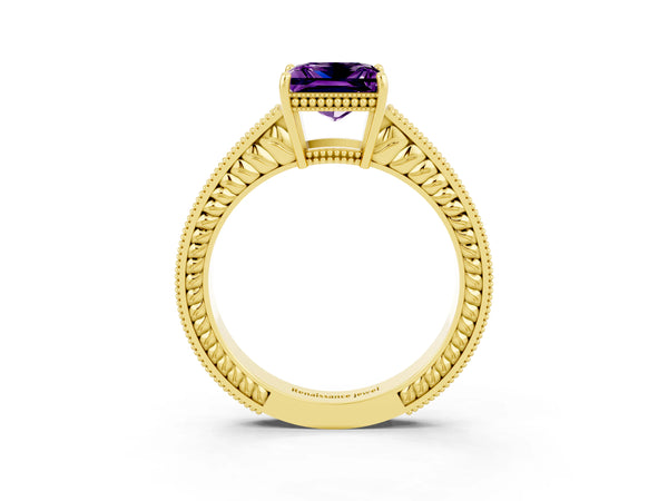Yellow gold Princess Cut Amethyst Ring with Milgrain Pavé Band and Four-Prong Setting