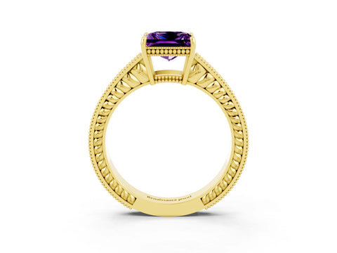 Yellow gold Princess Cut Amethyst Ring with Milgrain Pavé Band and Four-Prong Setting_15