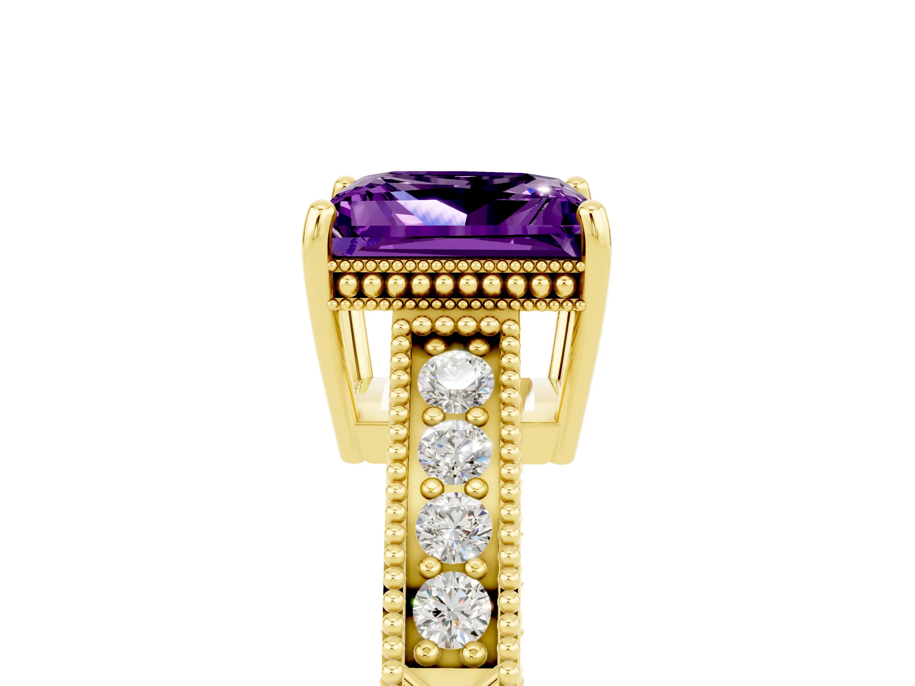 Yellow gold Princess Cut Amethyst Ring with Milgrain Pavé Band and Four-Prong Setting_17