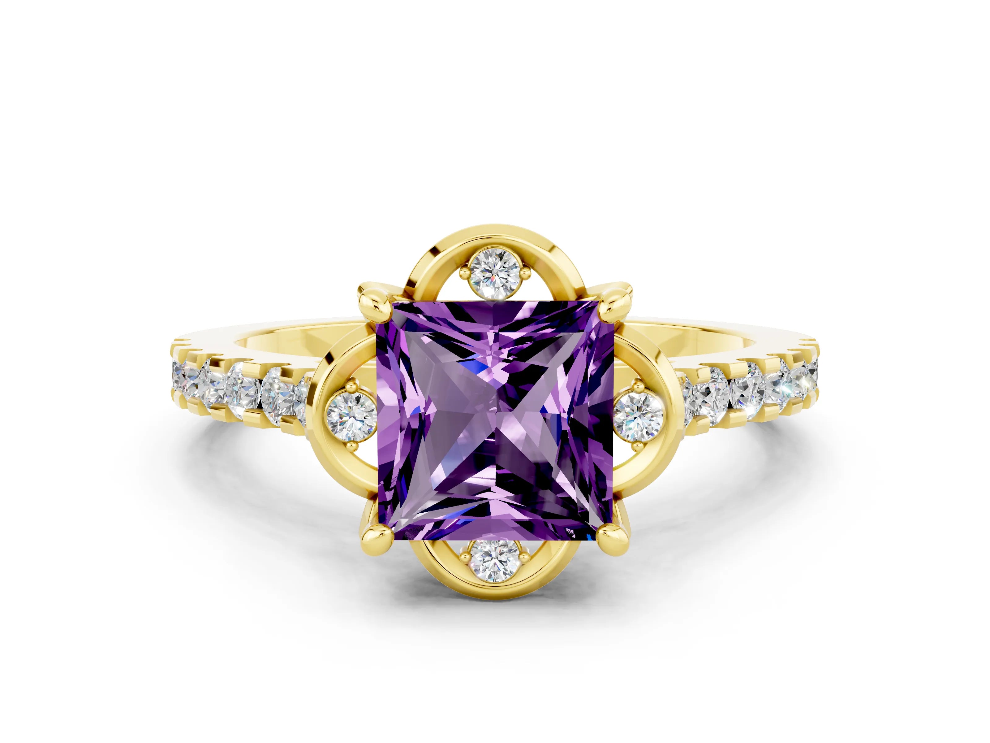 Yellow gold Princess Cut Amethyst Ring with Pavé Band and Floral Prong Setting