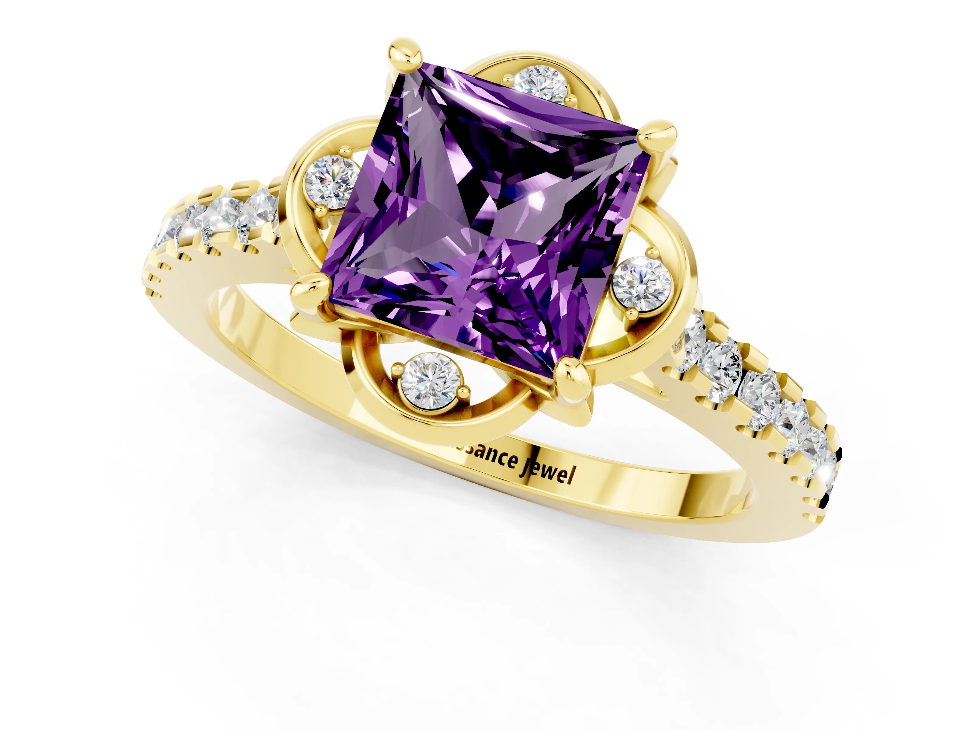 Yellow gold Princess Cut Amethyst Ring with Pavé Band and Floral Prong Setting_1