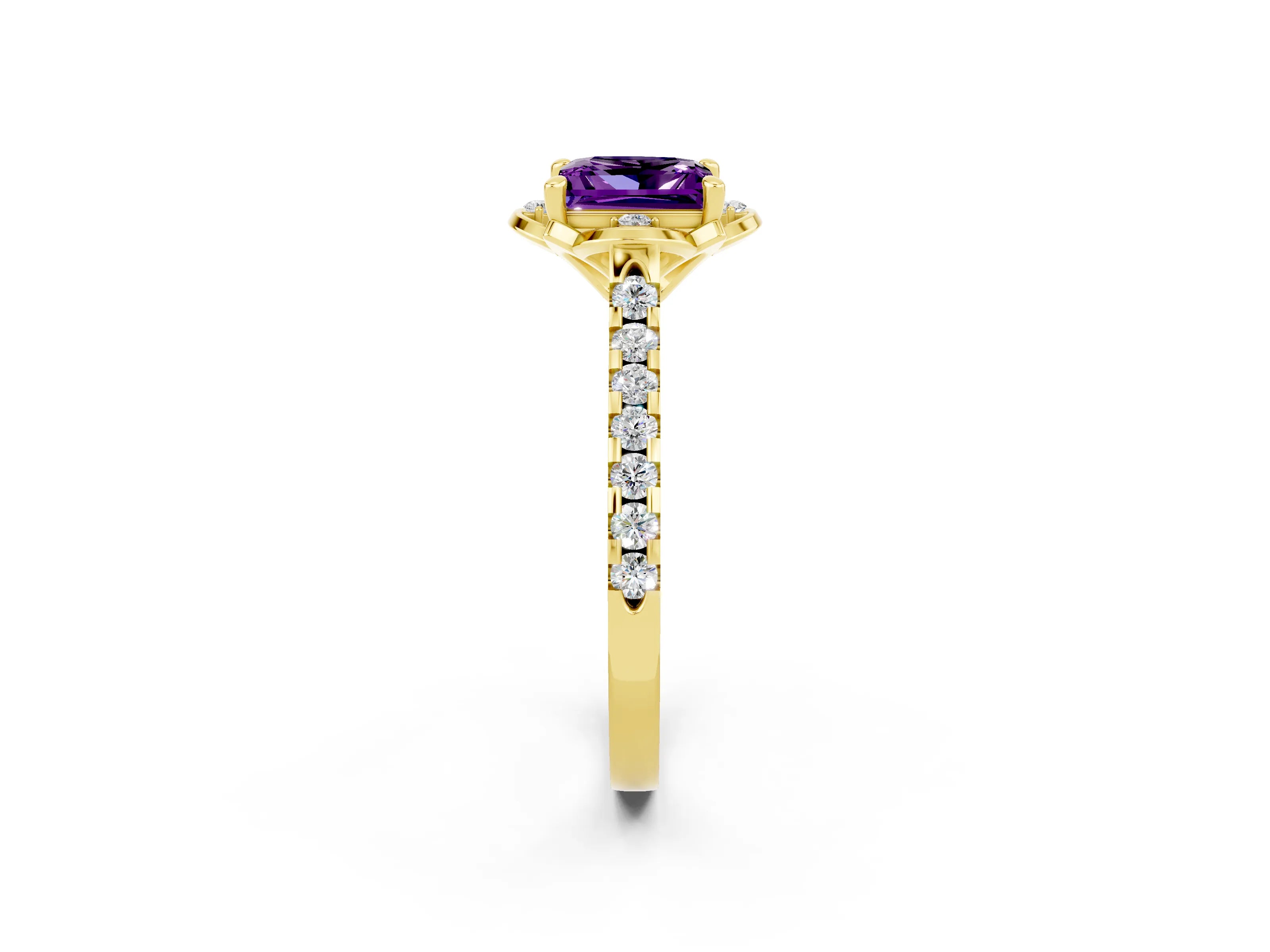 Yellow gold Princess Cut Amethyst Ring with Pavé Band and Floral Prong Setting_2