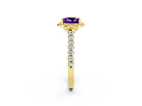 Yellow gold Princess Cut Amethyst Ring with Pavé Band and Floral Prong Setting_2