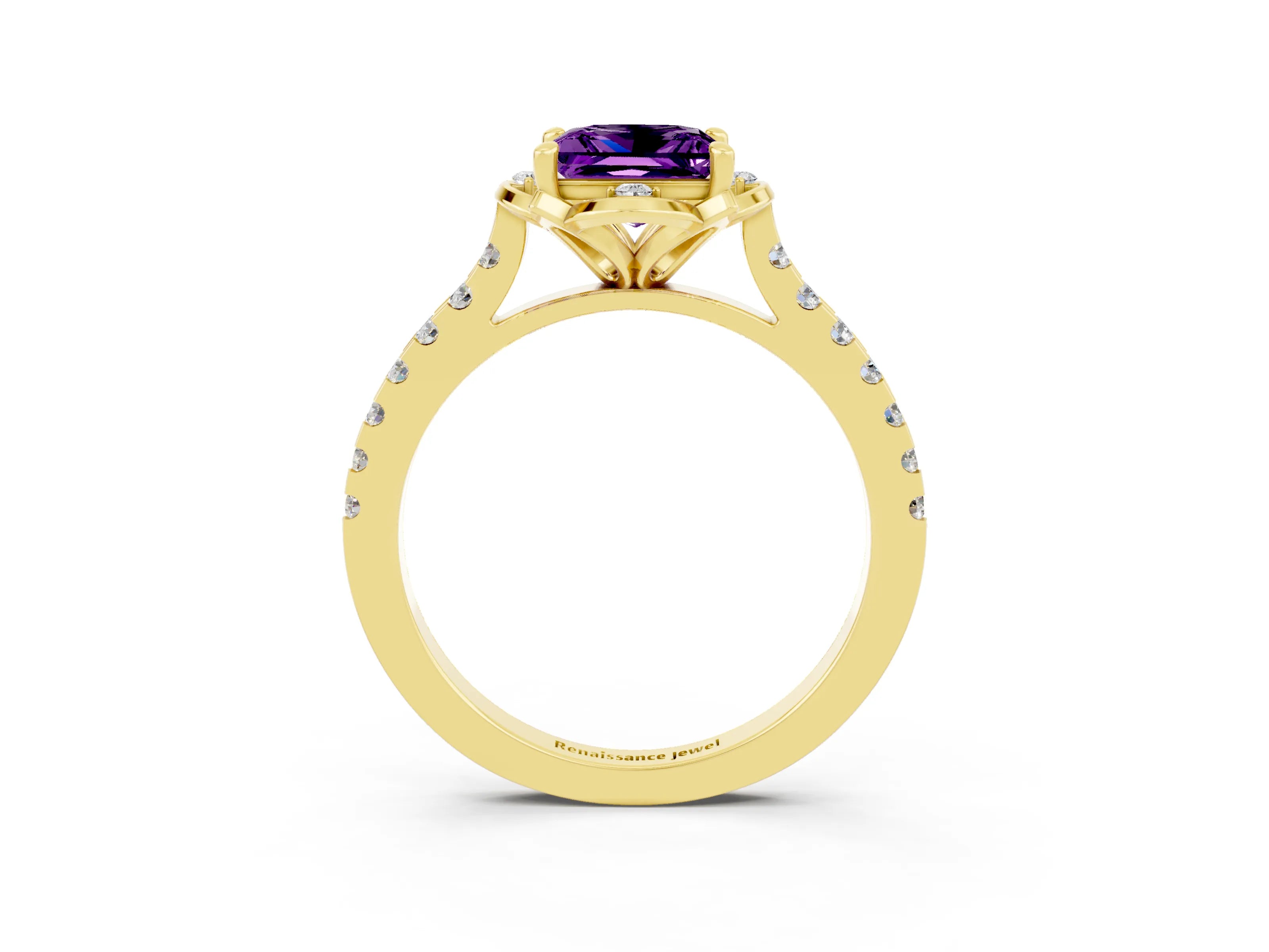 Yellow gold Princess Cut Amethyst Ring with Pavé Band and Floral Prong Setting_3