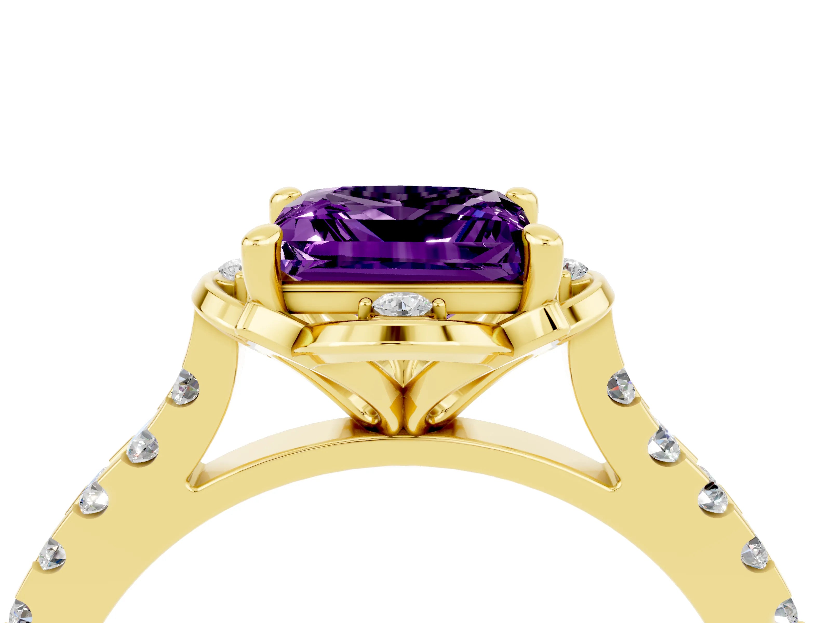 Yellow gold Princess Cut Amethyst Ring with Pavé Band and Floral Prong Setting_4