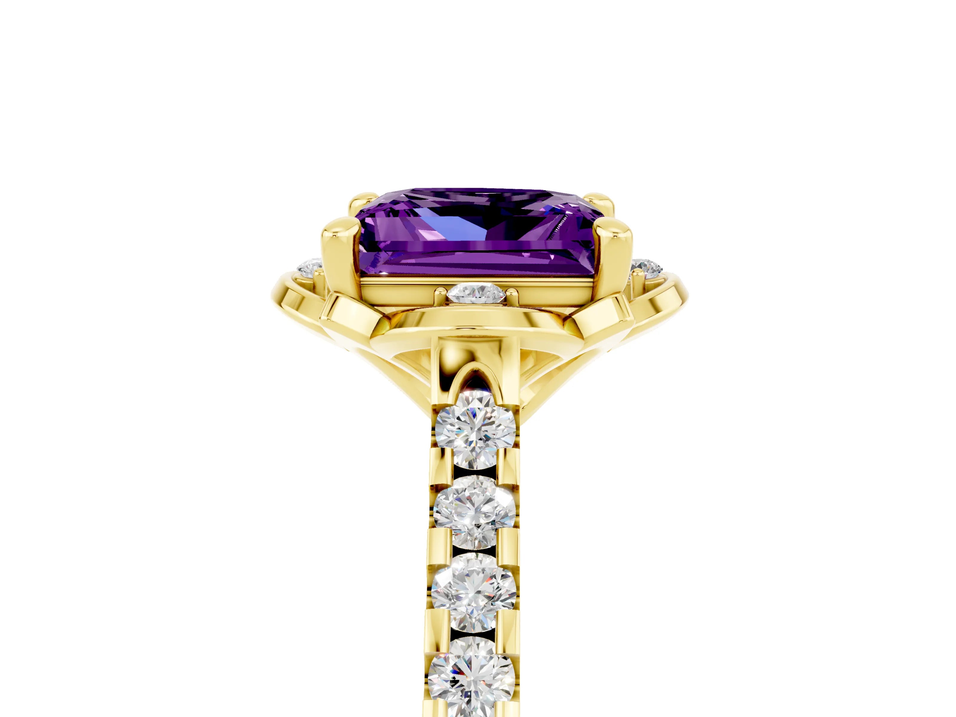 Yellow gold Princess Cut Amethyst Ring with Pavé Band and Floral Prong Setting_5