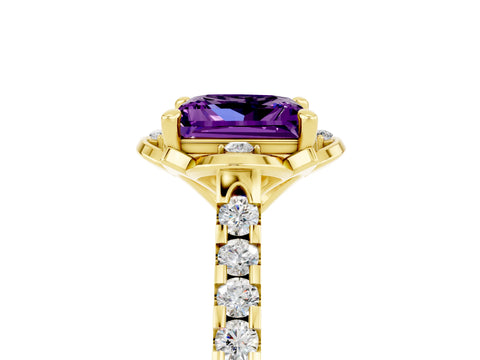 Yellow gold Princess Cut Amethyst Ring with Pavé Band and Floral Prong Setting_5
