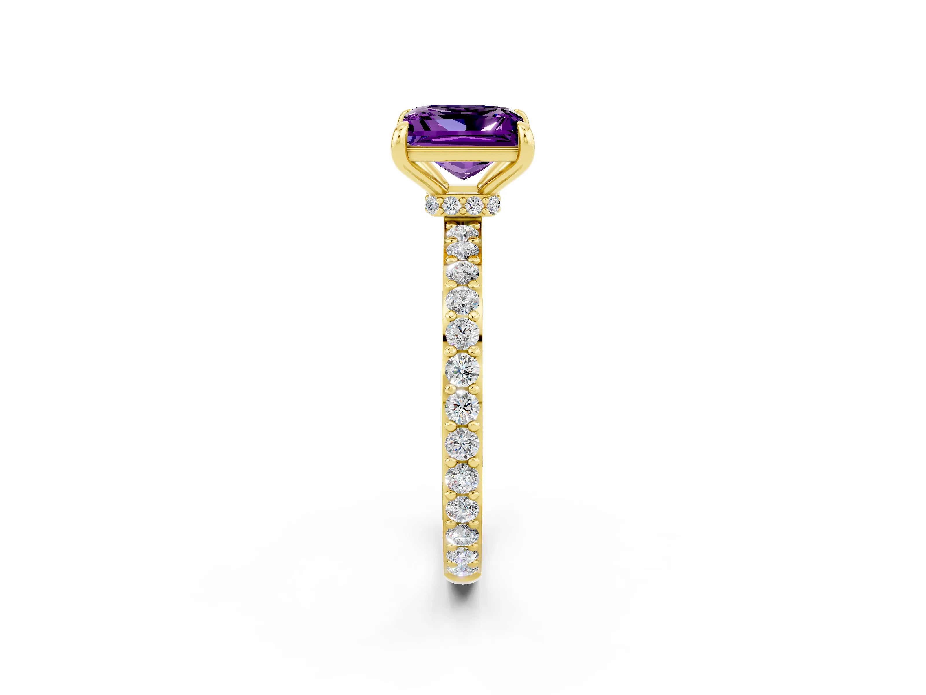 Yellow gold Princess Cut Amethyst Ring with Pavé Band and Four-Prong Setting_2