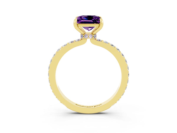 Yellow gold Princess Cut Amethyst Pavé Engagement Ring with Round  Accents and Prong Setting