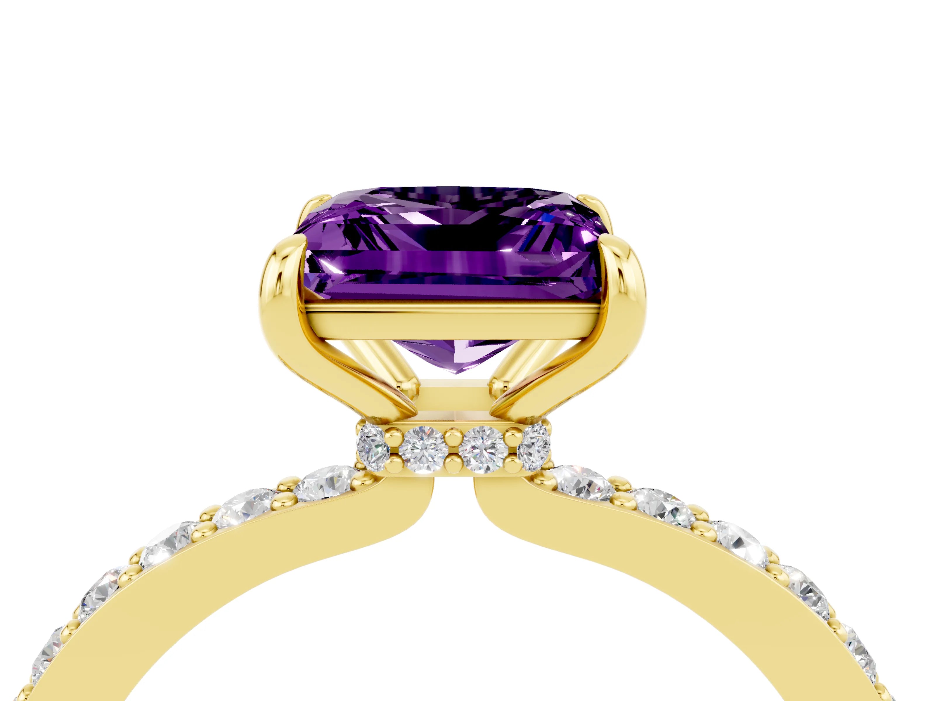 Yellow gold Princess Cut Amethyst Ring with Pavé Band and Four-Prong Setting_4