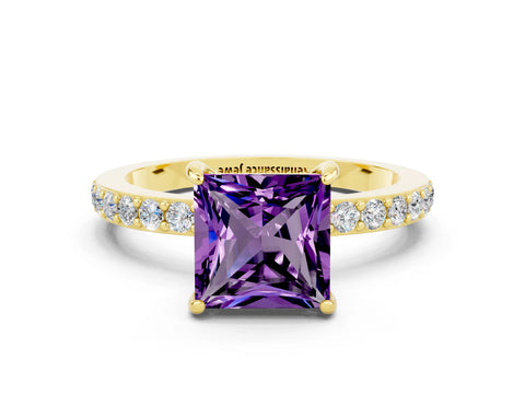 Yellow gold Princess Cut Amethyst Ring with Pavé Band and Four-Prong Setting