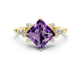 Yellow gold Princess Cut Amethyst Ring with Side Stones and Four-Prong Setting_36