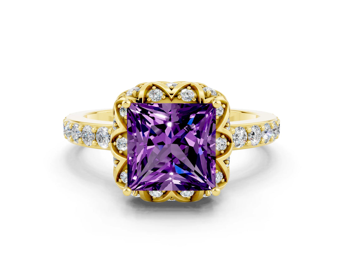 Yellow gold Princess Cut Amethyst Scalloped Halo Engagement Ring with Round Shared Prong Band_12