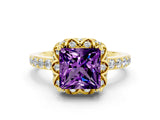 Yellow gold Princess Cut Amethyst Scalloped Halo Engagement Ring with Round Shared Prong Band_12