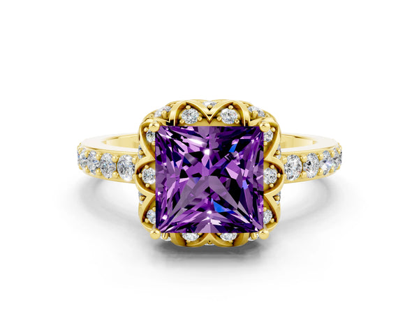 Yellow gold Princess Cut Amethyst Scalloped Halo Engagement Ring with Round Shared Prong Band