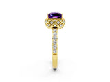 Yellow gold Princess Cut Amethyst Scalloped Halo Engagement Ring with Round Shared Prong Band_14