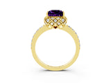 Yellow gold Princess Cut Amethyst Scalloped Halo Engagement Ring with Round Shared Prong Band_15