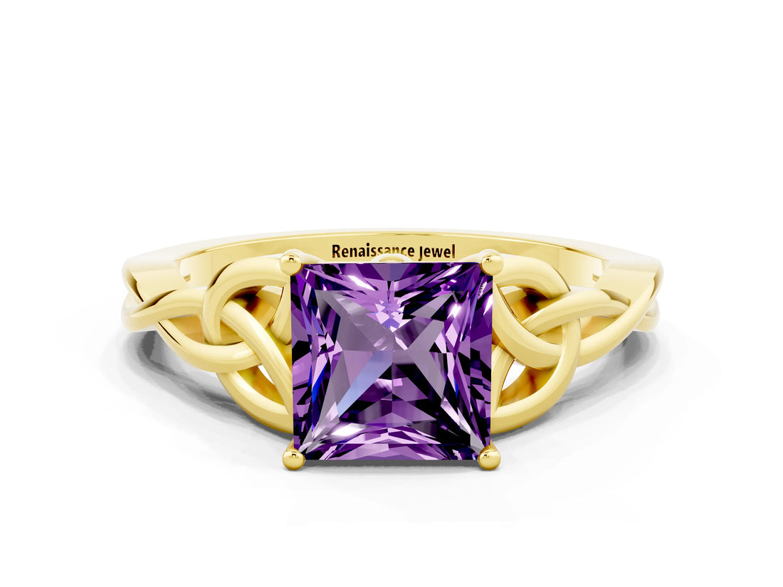 Yellow gold Princess Cut Amethyst Solitaire Celtic Knot Ring with Four-Prong Setting_12
