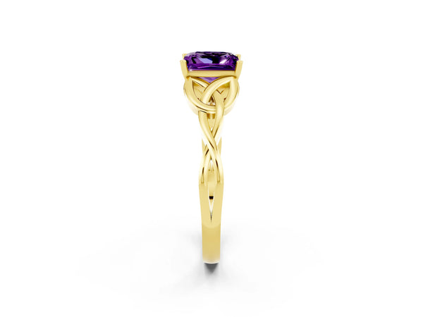 Yellow gold Princess Cut Amethyst Solitaire Celtic Knot Ring with Four-Prong Setting