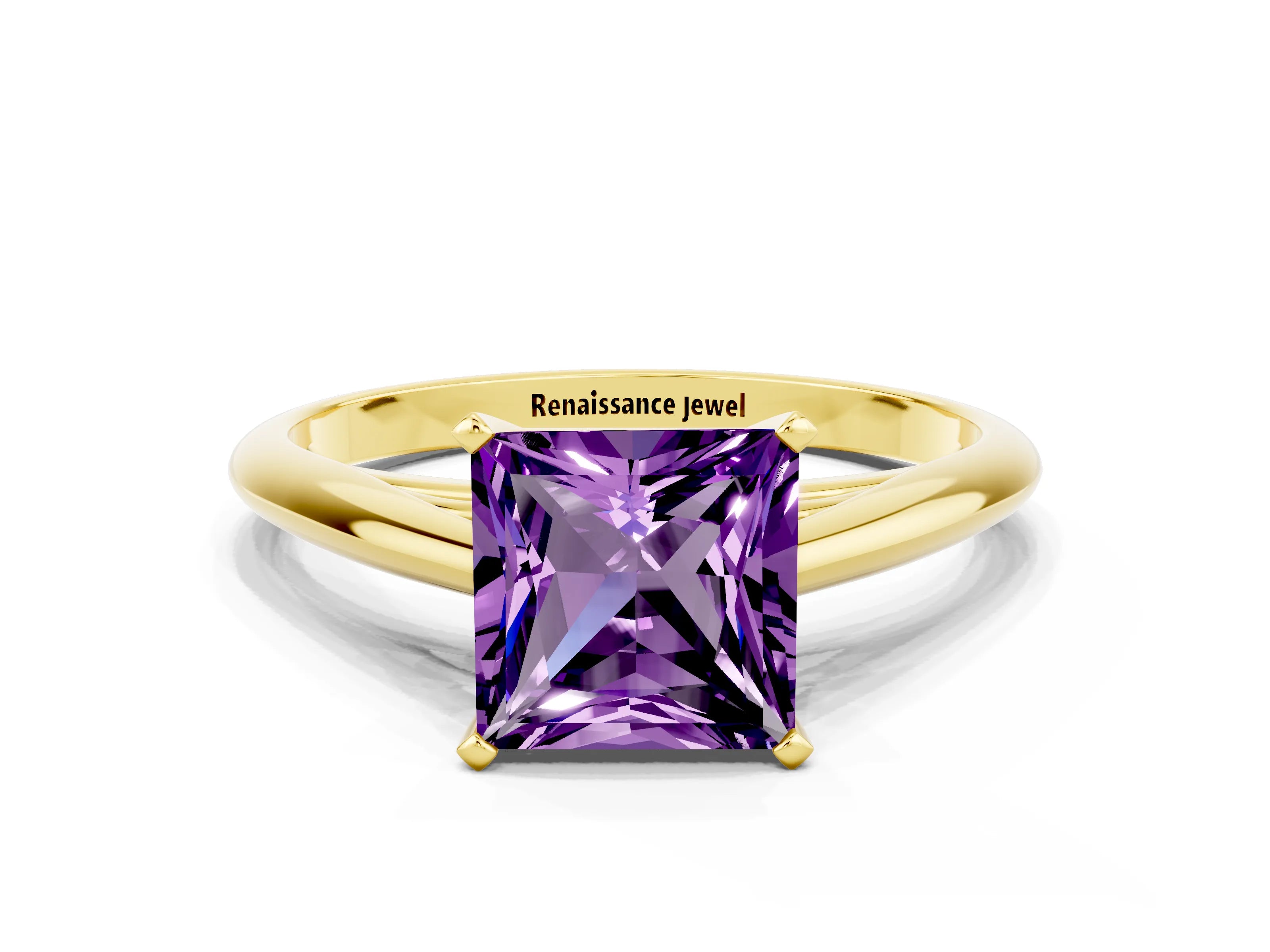 Yellow gold Princess Cut Amethyst Solitaire Engagement Ring with Cathedral Setting and Four-Prong Mount_12