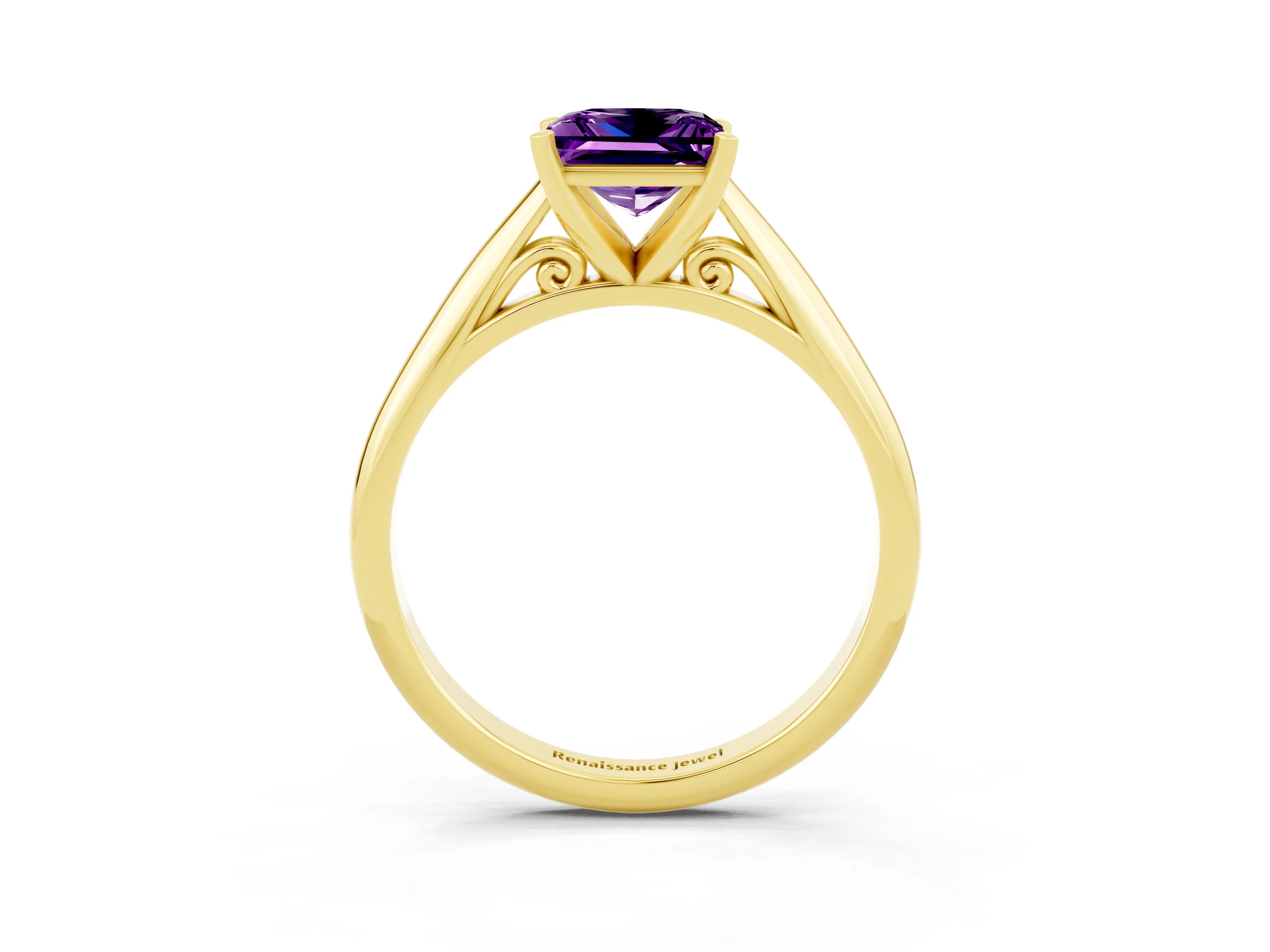 Yellow gold Princess Cut Amethyst Solitaire Engagement Ring with Cathedral Setting and Four-Prong Mount_15