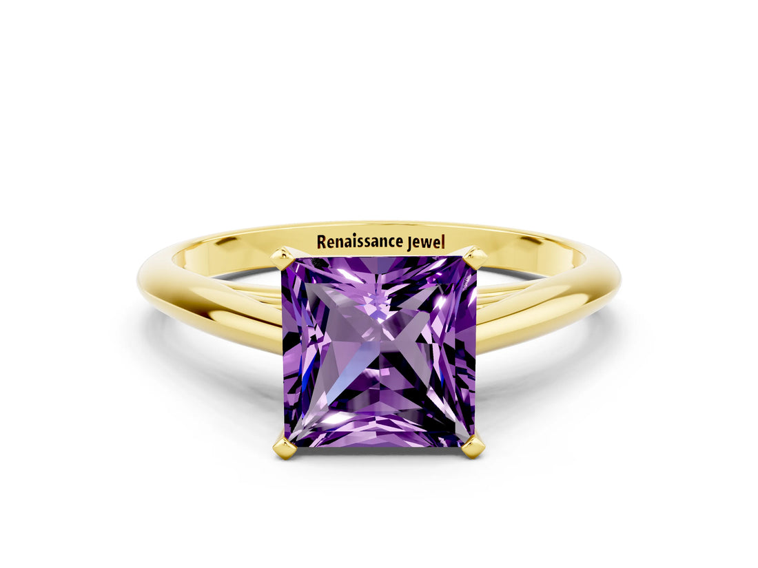 Yellow gold Princess Cut Amethyst Solitaire Engagement Ring with Cathedral Setting and Four-Prong Mount_18