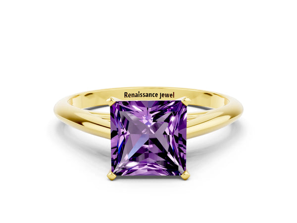Yellow gold Princess Cut Amethyst Solitaire Engagement Ring with Cathedral Setting and Four-Prong Mount