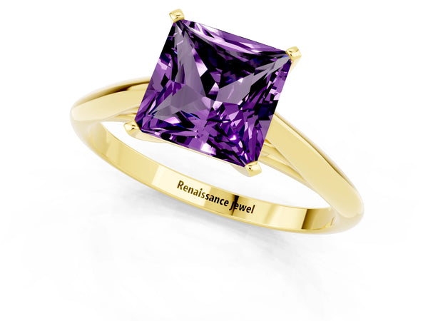 Yellow gold Princess Cut Amethyst Solitaire Engagement Ring with Cathedral Setting and Four-Prong Mount