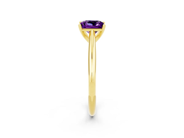 Yellow gold Princess Cut Amethyst Solitaire Engagement Ring with Cathedral Setting and Four-Prong Mount