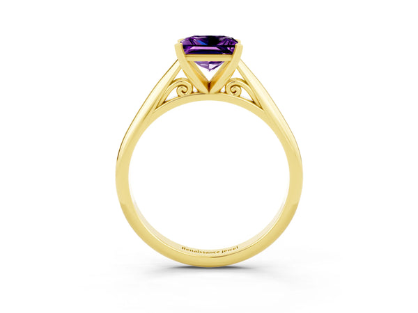 Yellow gold Princess Cut Amethyst Solitaire Engagement Ring with Cathedral Setting and Four-Prong Mount