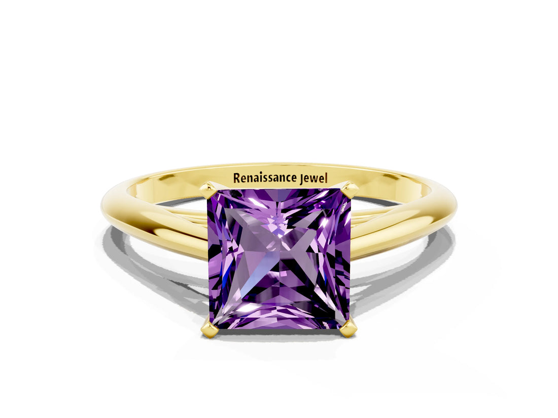 Yellow gold Princess Cut Amethyst Solitaire Engagement Ring with Cathedral Setting and Four-Prong Mount_66