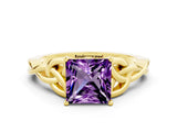 Yellow gold Princess Cut Amethyst Solitaire Engagement Ring with Celtic Knot Band and Four-Prong Setting