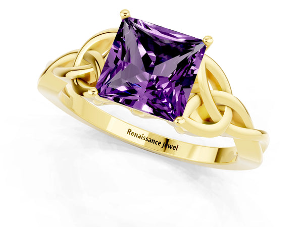 Yellow gold Princess Cut Amethyst Solitaire Engagement Ring with Celtic Knot Band and Four-Prong Setting