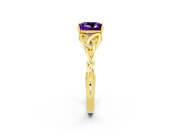 Yellow gold Princess Cut Amethyst Solitaire Engagement Ring with Celtic Knot Band and Four-Prong Setting
