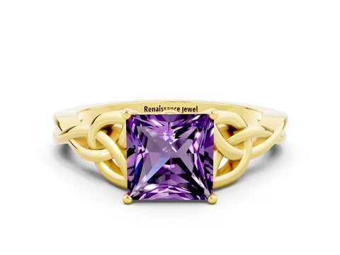 Yellow gold Princess Cut Amethyst Solitaire Engagement Ring with Celtic Knot Band and Four-Prong Setting
