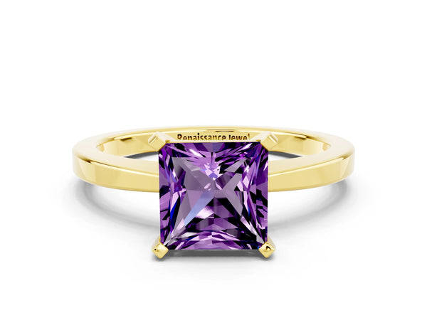 Yellow gold Princess Cut Amethyst Solitaire Engagement Ring with Classic Band and Four-Prong Setting