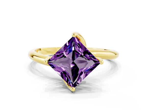 Yellow gold Princess Cut Amethyst Solitaire Engagement Ring with Four-Prong Setting and Classic Band