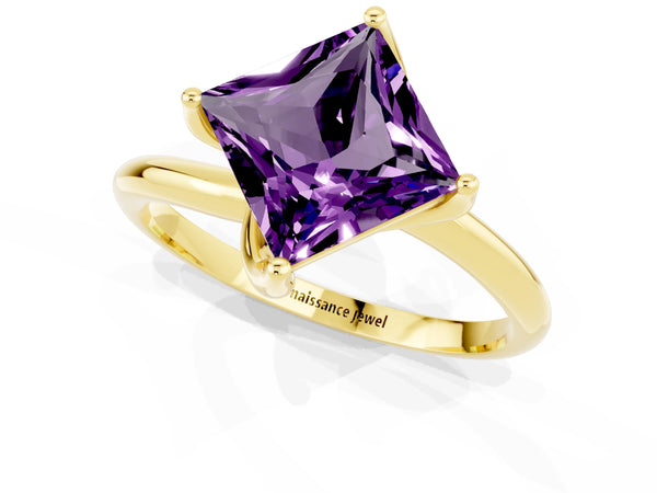 Yellow gold Princess Cut Amethyst Solitaire Engagement Ring with Four-Prong Setting and Classic Band