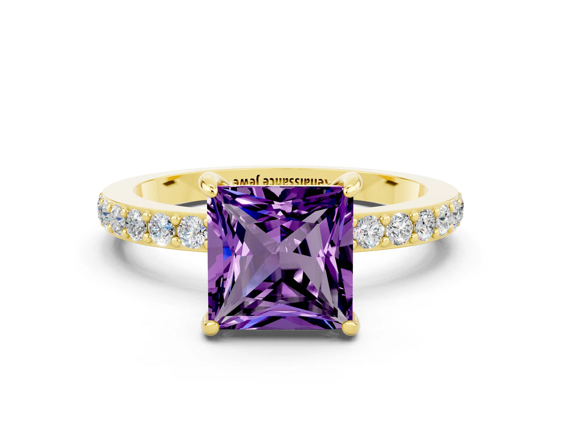 Yellow gold Princess Cut Amethyst Solitaire Engagement Ring with Pavé Band and Four-Prong Setting