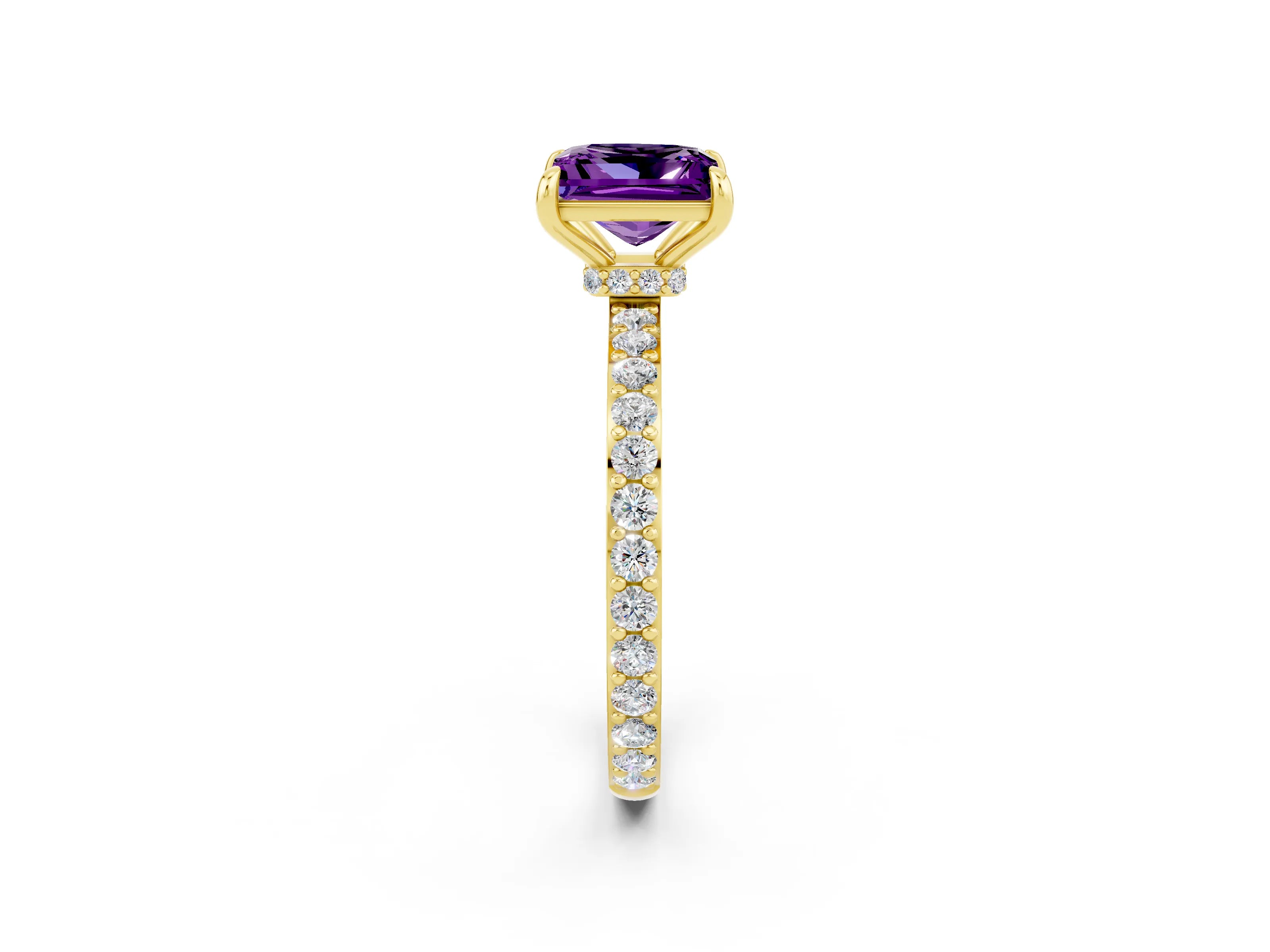 Yellow gold Princess Cut Amethyst Solitaire Engagement Ring with Pavé Band and Four-Prong Setting_2