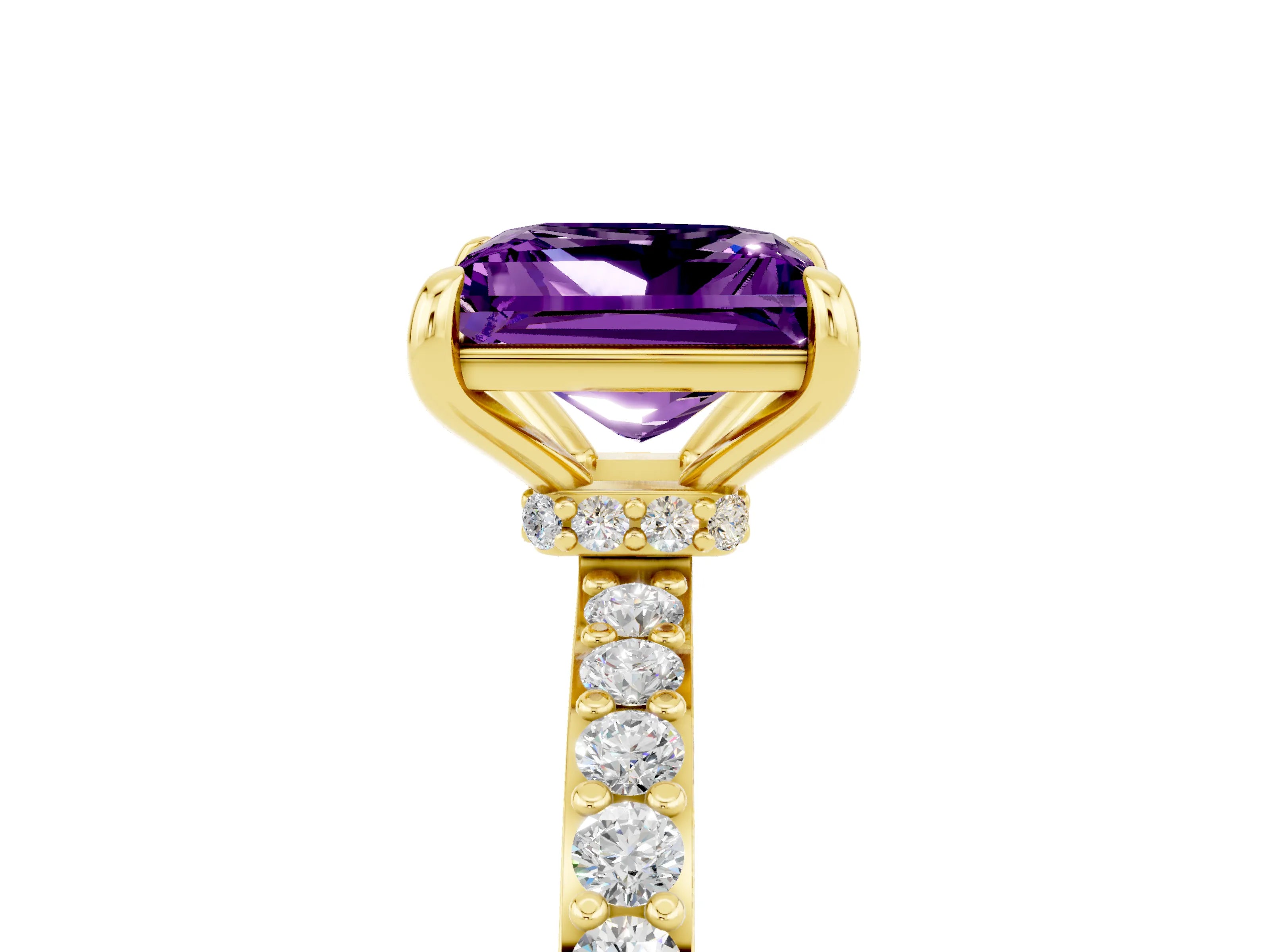 Yellow gold Princess Cut Amethyst Solitaire Engagement Ring with Pavé Band and Four-Prong Setting_5